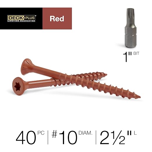 Deck Plus 2-1/2 Inch Epoxy Coated Exterior Wood and Fence Screws #10 x 2-1/2" Torx/Star Drive Included Coarse Thread, Outdoor Rust Resistant Decking Screw, Red, XL Pack, 40 Pieces | 42599