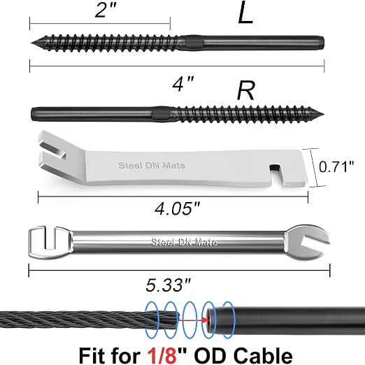 Steel DN Mate 60 Packs Black T316 Stainless Steel Left&Right Handed Thread Swage Lag Screws for Wood Post of 1/8" Cable Railing Kit, Deck Railing/Stair Railing, DIY Baluster Hardware, Wrench Included