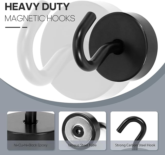 Neosmuk Magnetic Hooks, Cruise Ship Essentials, 40lb+ Heavy Duty Magnetic Hooks for Cruise Cabins, Refrigerator, Grill, Hanging, and Travel | Extra Strong Must-Haves Magnet Hook,Black,Pack of 20