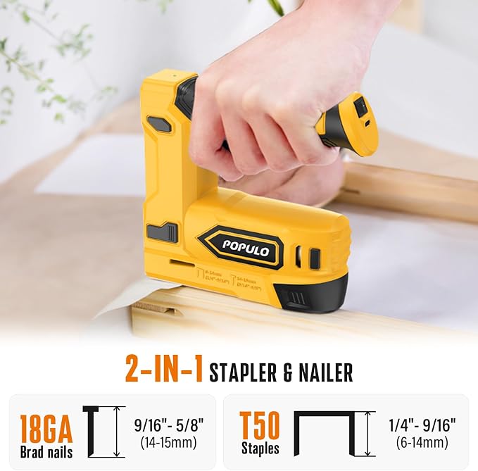 POPULO Electric Staple Gun, 2 in 1 Electric Stapler Tacker 4V Cordless Brad Nailer Kit, Battery Powered Nail Gun for Upholstery, Carpentry, DIY with Staple Remover, 1600 Staples and Nails, Yellow