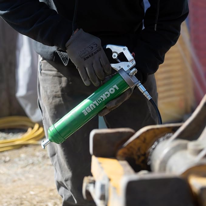 LockNLube Heavy-Duty Pistol Grip Grease Gun with our patented LockNLube® Locking Grease Coupler, 20" Hose, Inline Swivel, Rated 10,000 PSI
