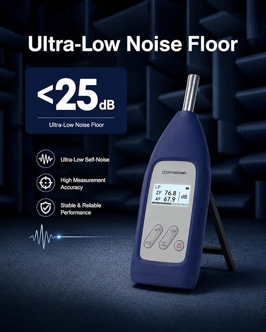 CRY2831 Class 2 Sound Level Meter with Calibration Certificate, 29-138 dB Professional Sound Meter, DC & Battery Powered Noise Meter for Industrial, Environmental, Workplace Noise Measurement | 20Hz-12.5kHz, A/C/Z Weighted, F/S Weighting
