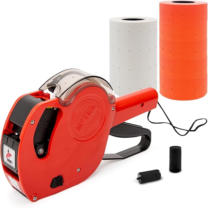 Motex Genuine MX-5500NEW 1 Line 8 Digits Price Tag Gun Kit - Includes 10,000 Blank Labels (White + Red) and 1 Pre-Loaded Inker with 1 Ink Refill - for Grocery Store, Retail Shop, Garage Sale