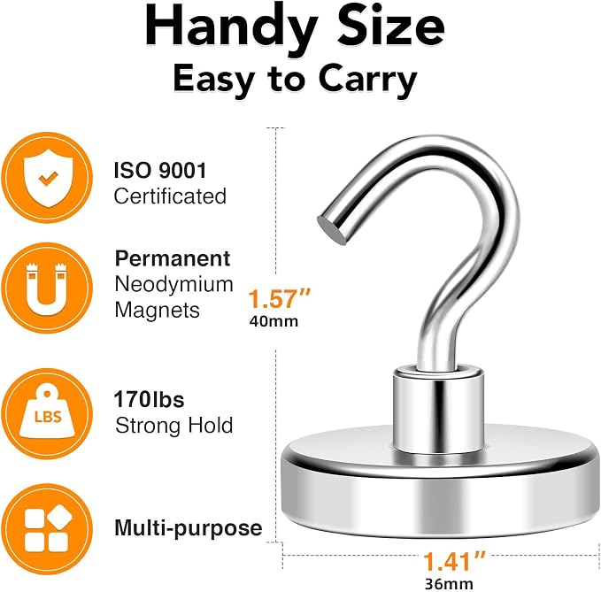 MIKEDE Magnetic Hooks Heavy Duty 170LB+ Strong Neodymium Magnets | Large Magnetic Hooks for Hanging Magnets with Hooks Cruise Ship Essentials for Refrigerator Kitchen Workplace 8 Pack
