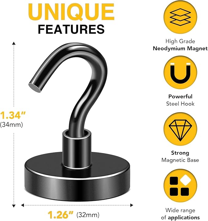 DIYMAG Black Magnetic Hooks, 120 LB Heavy Duty Strong Magnets with Hook, Rare Earth Neodymium Magnet for Cabins Cruise Ship Essentials 8 Packs