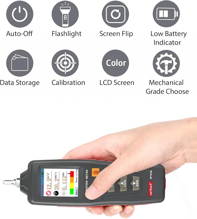 Wintact Handheld Digital Mechanical Vibration Meter, 0.01~199.9mm/s, Mechanical Vibration Analyzer Tester Gauge, Acceleration, Velocity, Displacement Measurement for HVAC, Motors, Engines, Generator