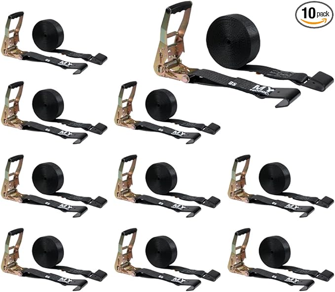 Mytee Products 10 Pack 2" x30' Black Ratchet Straps with Flat Hooks - 3,333 Lbs WLL - Heavy Duty Tie Down Ratchet Straps for Flatbed, Truck, Trailers, Cargo, Pickup