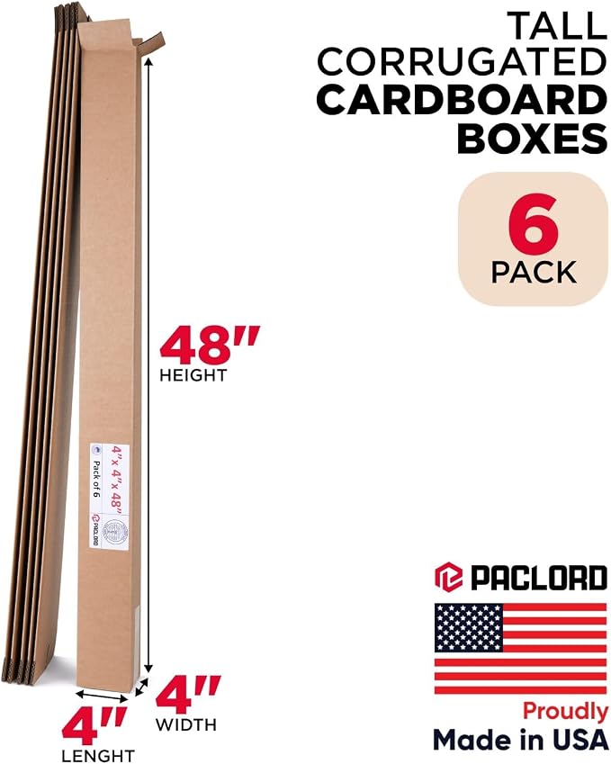 Tall Cardboard Boxes 4"L x 4"W x 48"H (Pack of 6) - USA-Made Packing Boxes for Moving, Shipping, or Storage - USPS, UPS, FedEx Approved - Professional Packing Supplies for Moving | USA-Made Packing Boxes for Moving, Shipping, or Storage - USPS, UPS, Fe...