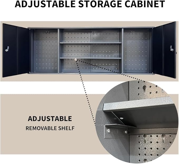 JZD Metal Garage Storage Cabinets Wall Mount with 2 Removable Shelves, Two Lockable Doors, and 22 Hooks for Tool Organization, Black & Grey