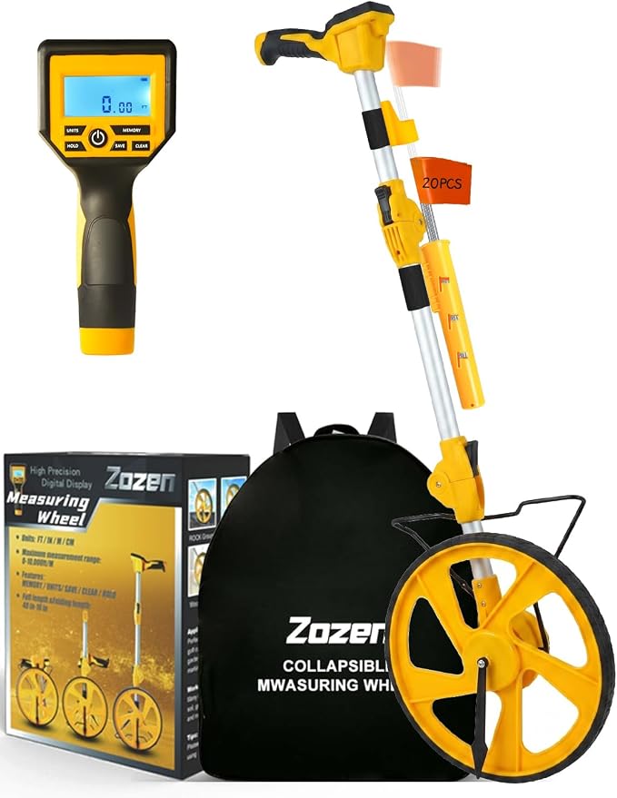 Zozen Measuring Wheel Digital Display, Upgraded Flag Holder & 20 Marking Flags, 3-Section Foldable with Backlit Display, Imperial/Metric, Kickstand | Max 99,999Ft/ 99,999M | Portable Cloth Backpack