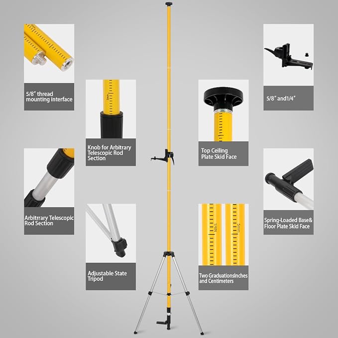 Lasers' Level Pole with Tripod, Telescoping Lasers' Level Tripod, 12 Ft./3.7M with 1/4-Inch by 20-Inch Lasers' Mount, 5/8"-11 Adapter Nut Included(Laser Class 2, output power less than 1mW)