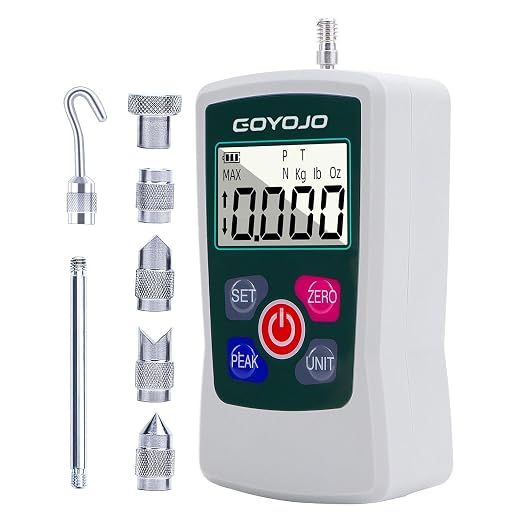 GOYOJO Digital Force Gauge High-Precision Push-Pull Meter for Tension & Compression Testing Units (N, kg, lb, oz) Real-Time/Peak/First Peak Modes Ideal for Quality Control & Material Testing (300N)