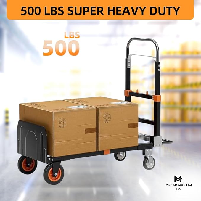 Folding Hand Truck 500lbs Capacity – Heavy Duty Alloy Steel Utility Cart with Adjustable Handle & Foldable Platform – Portable Moving Dolly with Smooth Wheels for Warehouse, Office, Home & Travel Use