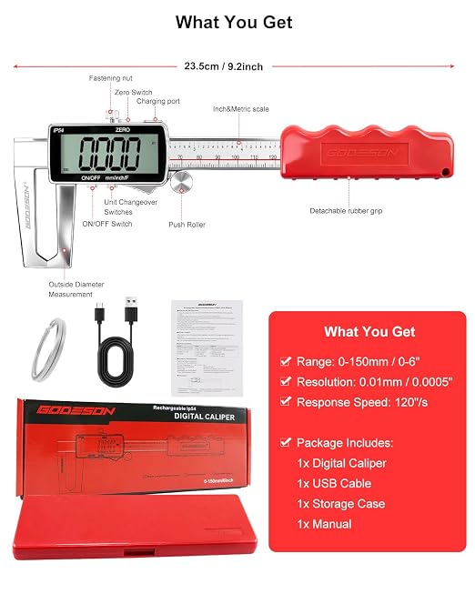 GODESON Digital Disc Brake Rotor Micrometer, 0-50mm/0-6 Rechargeable Brake Thickness Gauge, Digital Caliper MM/Inch/F Display, IP54 Waterproof, Stainless Steel for Auto & DIY