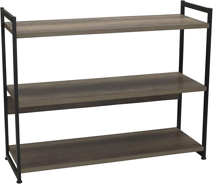 Household Essentials Wide 3‑Shelf Open Storage Bookshelf in Oak Rustic Wood Grain and White Metal Frame, Ashwood