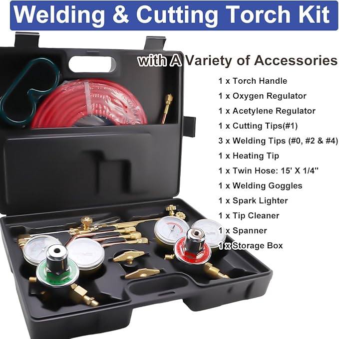 Cutting Torch Set Oxy Acetylene Torch Kit,Portable Gas Cutting Torch and Welding Kit with HeatingTip, Acetylene Oxygen Gas Regulator Twin Gas Hose Welding Glasses