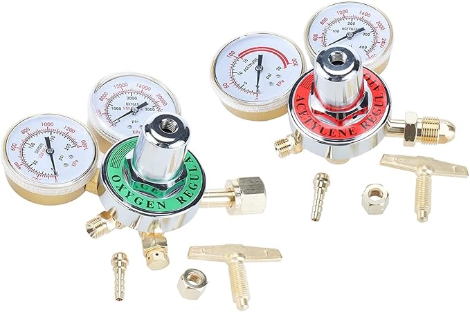 2pcs Dual Welding Gas Regulators, Oxygen (CGA-540) and Acetylene (CGA-510) Combo Brass Gauges Two-piece Suit Compatible with Victor Harris Torch Cutting kits