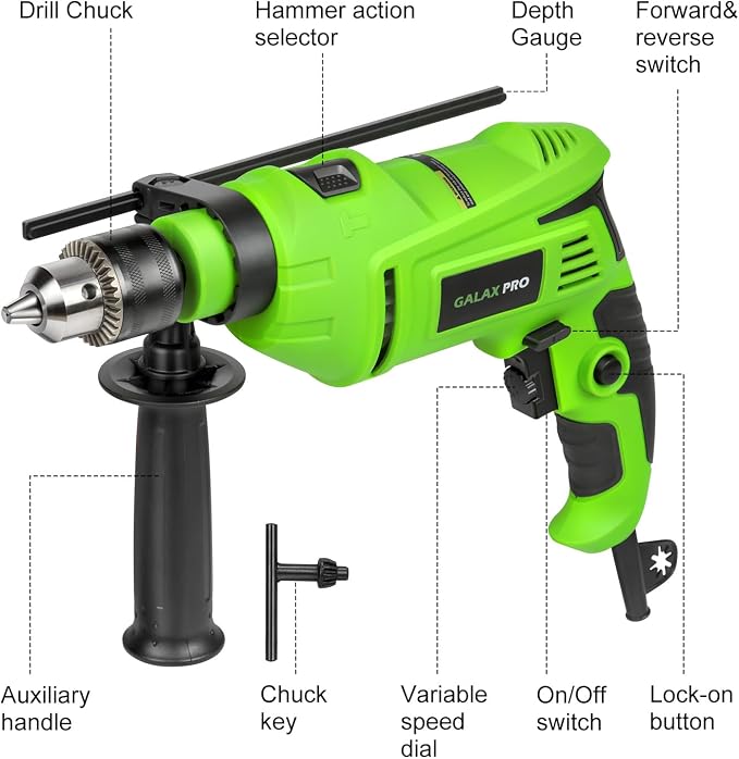 GALAX PRO 7Amp 850W 2-in-1 Hammer Drill, 0-3000 RPM, 13 mm Metal Chuck | 360° Adjustable Auxiliary Handle, Comes with 13 Accessories, Suitable for Concrete, Metal, and Wood
