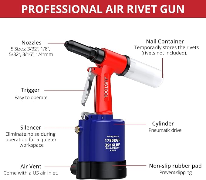 JUSTOOL 3916 LBF Heavy Duty Air Rivet Gun Pneumatic Rivet Gun, 5 Nosepieces 3/32", 1/8", 5/32", 3/16", 1/4", 16mm Maximum Stroke, NPT 1/4 inch Air Pop Riveter for Automotive, Construction, Industries