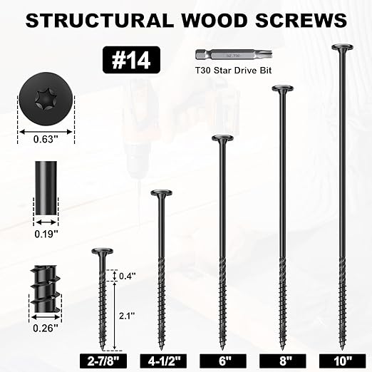FMhotu #14 Heavy-Duty Wood Screws, Star Drive Deck Screws, Rust Resistant Timber Screws for Timber/Log/Landscaping Wood (8 Inch,50Pcs,Black)