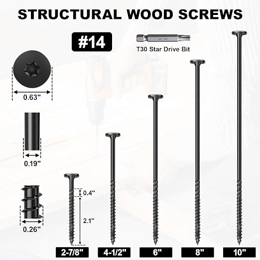 FMhotu #14 Heavy-Duty Wood Screws, Star Drive Deck Screws, Rust Resistant Timber Screws for Timber/Log/Landscaping Wood (6 Inch,500Pcs,Black)
