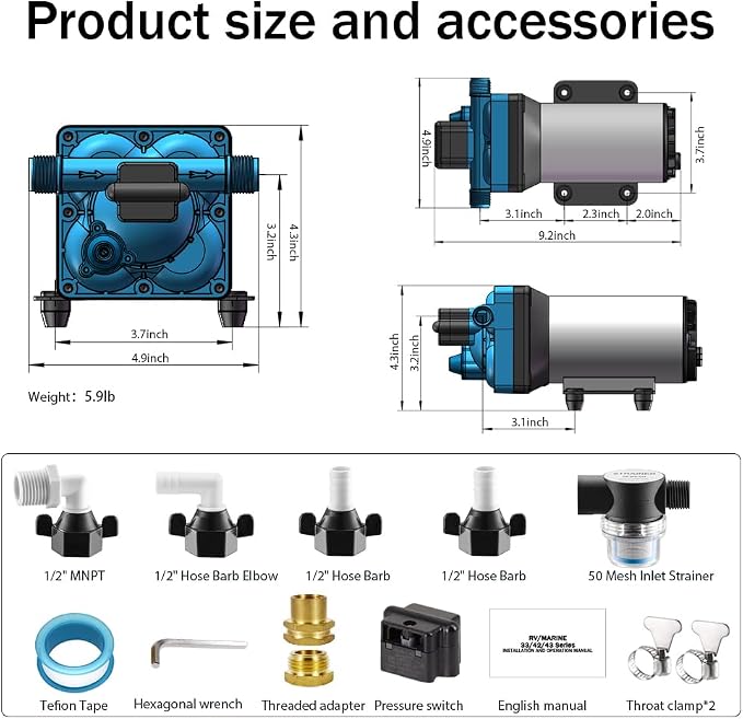 12V DC electric high-pressure self-priming diaphragm pump, Equipped with pressure switch，5.5GPM, 70Psi, for RV Marine Yacht Lawn Garden