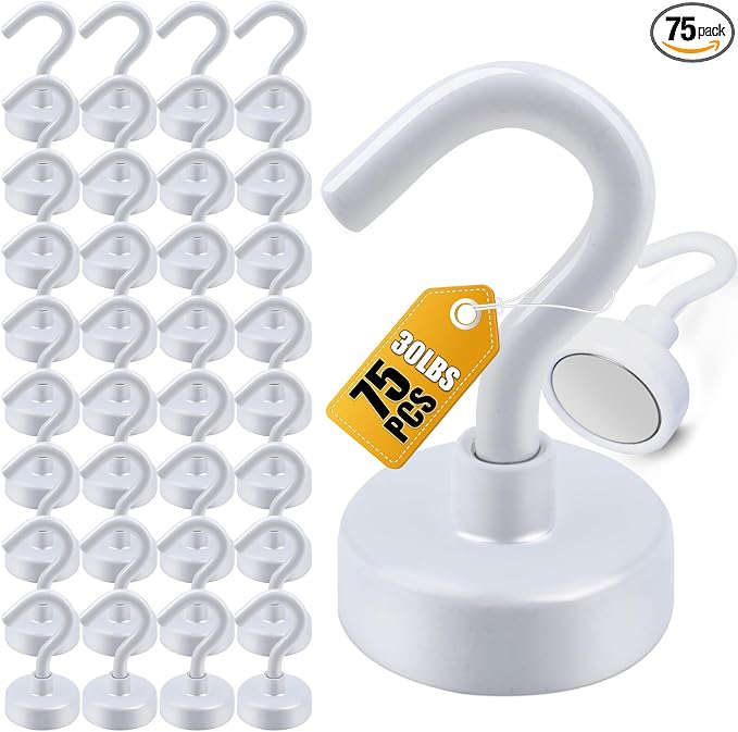 DIYMAG Magnetic Hooks, 30Lbs Strong Heavy Duty Cruise Magnet S-Hook for Classroom, Fridge, Hanging, Cabins, Grill, Kitchen, Garage, Workplace and Office Etc, (75 Pack-White)