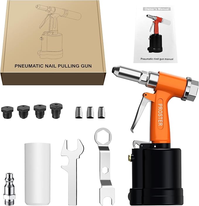 Proster Pneumatic Tool Air Riveter - 4 Nozzles Pneumatic Rivet Gun, 6-8KG/C2 Heavy-Duty Air Pop Riveter for 3/32", 1/8", 5/32", 3/16" Capacity 3104LBF