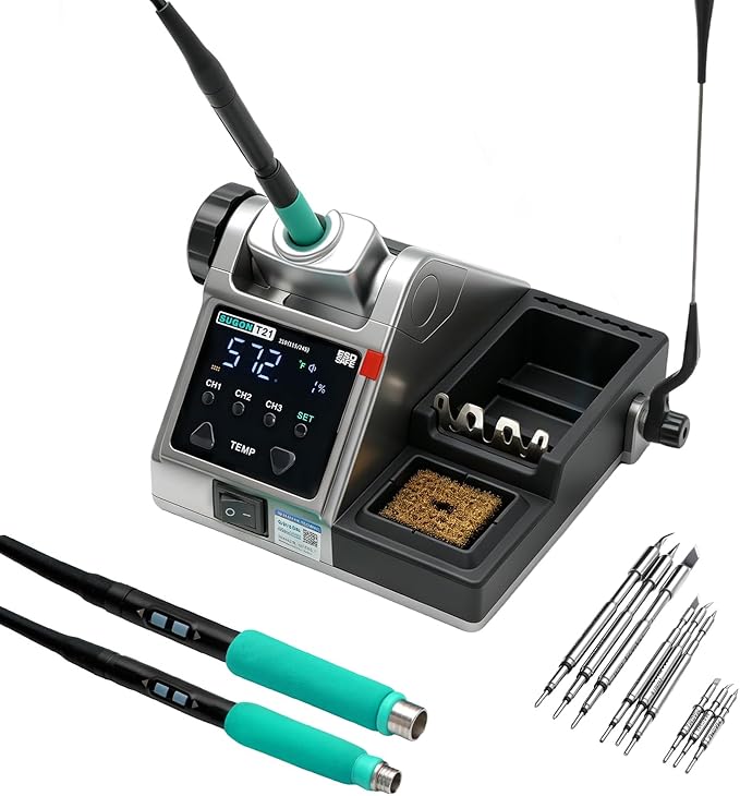 SUGON T21 Digital Soldering Iron Station 120w, Use 9 Soldering Iron Tip 3 Seconds Fast Heat up 716℉, 3 Temperature Memory Storage, 212℉-842℉, Auto Sleep, C / °F, Quick Change Soldering Tip Holder