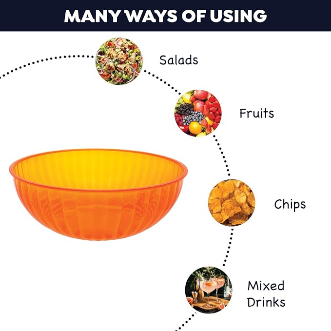 Party Essentials Hard Plastic 192 OZ./6 QT/1.5 Gallon Large Serving Bowls For Punch/Salad/Snack/Treat/Fruit, 3-Count, Neon Orange
