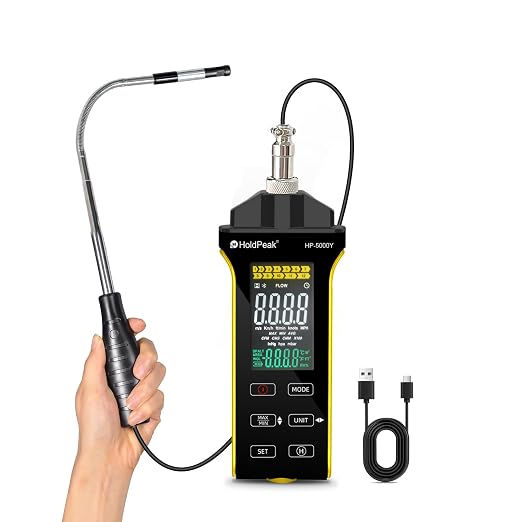 HOLDPEAK Professional Hot-Wire Anemometer, High-Precision Digital Wind Speed Meter for HVAC, Measures CFM/CMM Airflow, Air Velocity & Temperature with Telescopic Probe, Backlit LCD, USB Charging