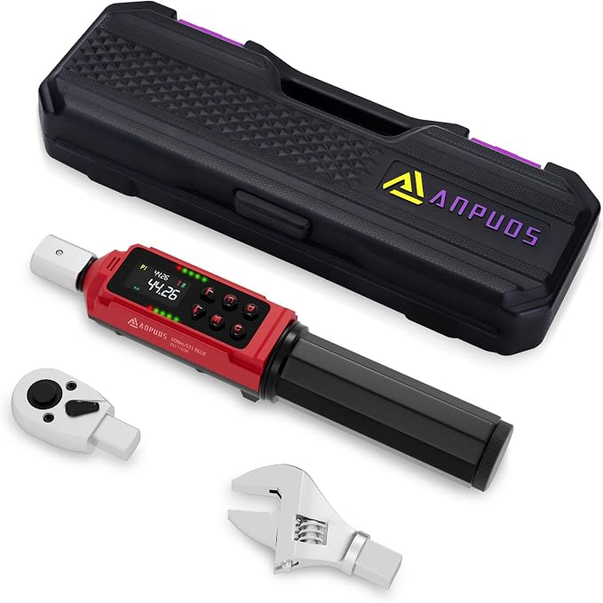 ANPUDS Adjustable Digital Torque Wrench, 0.66-44.29 Ft.lb, ±1% Accuracy | 0.9-60 Nm, 35mm Jaw & 3/8" Ratchet, 9×12mm Open End, Vibration, Buzzer and LED Indicator for for HVAC, Motorcycle, Plumbing