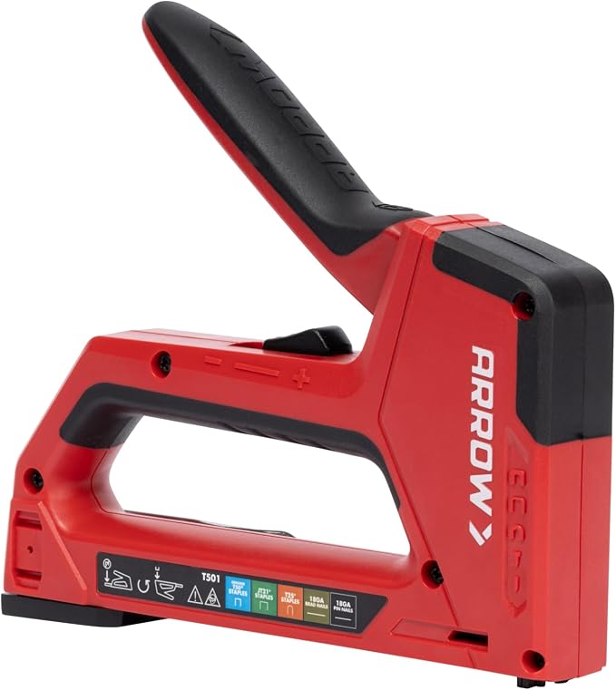 Arrow Fastener 5IN1MKIT-AM T501 5-in-1 Manual Staple & Nail Gun Kit, Wire Stapler, and Brad Nailer for Wood, Upholstery, Insulation, Includes Staple Remover & 640 Staples & Nails, Black/Red