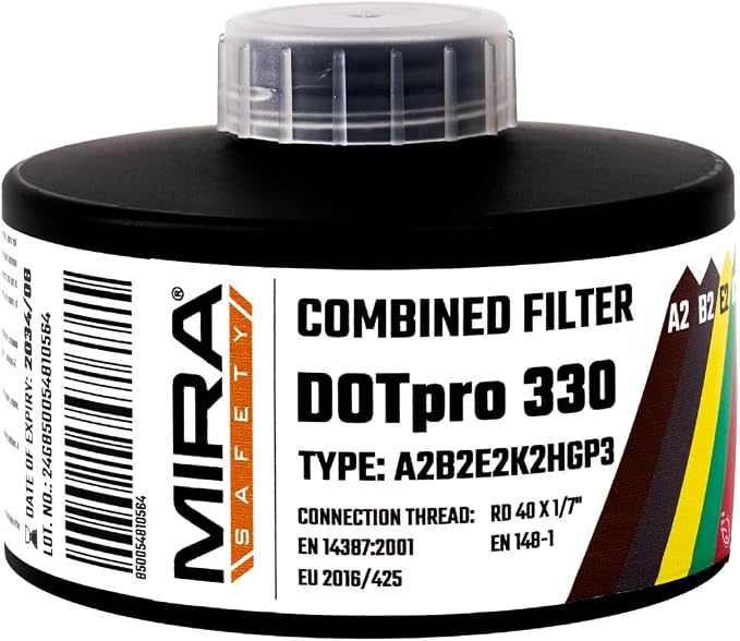 MIRA Safety DotPro 330 Industrial Filter, A2 B2 E2 K2 Hg P3, 40mm NATO | A2B2E2K2HgP3 filter rating. Industrial-grade protection. Long shelf life. 40mm NATO thread. Fits full-face masks.