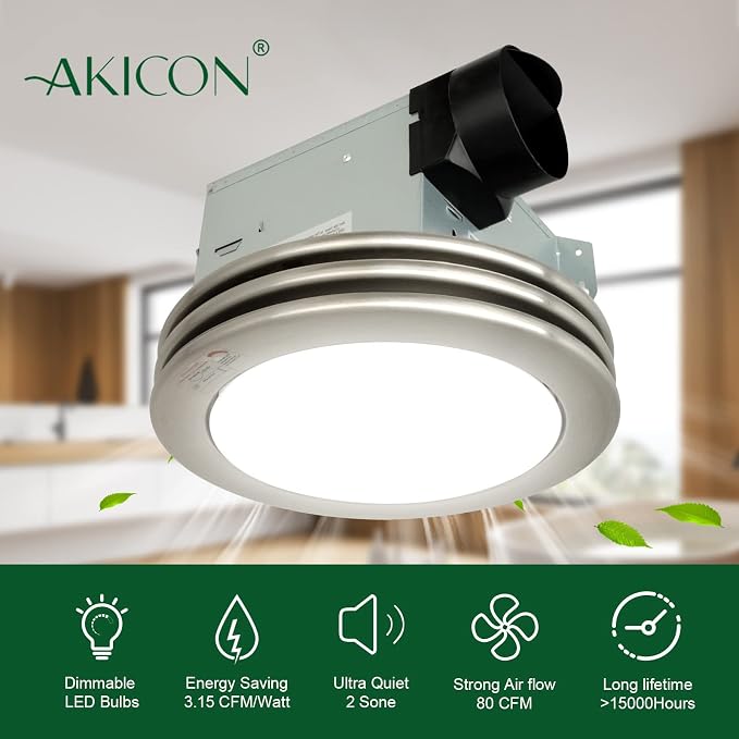 Akicon Ultra Quiet Bathroom Exhaust Fan with LED Light 80CFM 2.0 Sones Round Bathroom Ventilation Fan with Frosted Glass Cover Brushed Nickel Finish (Brushed Nickel)
