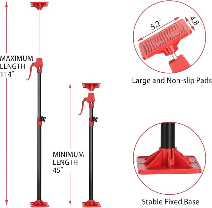 Cabinet Jack Support Pole, 45-114 in Adjustable Third Hand Tool, Steel Telescopic Quick Support Rod with 78lbs Capacity for Cabinets Jack, Drywall Lift & Cargo Bars, 1Pack