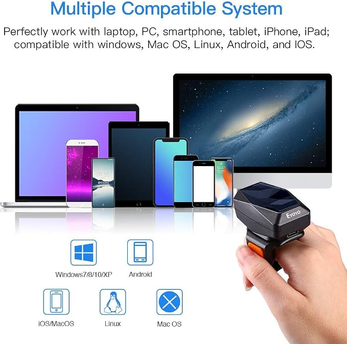 Eyoyo 2D Finger Ring Barcode Scanner, Mini Wearable 3-in-1 USB Wired & 2.4G Wireless & Bluetooth Scanner, Image 1D QR Bar Code Reader PDF417 Data Matrix Screen Scan Compatible with iPad, Phone, PC
