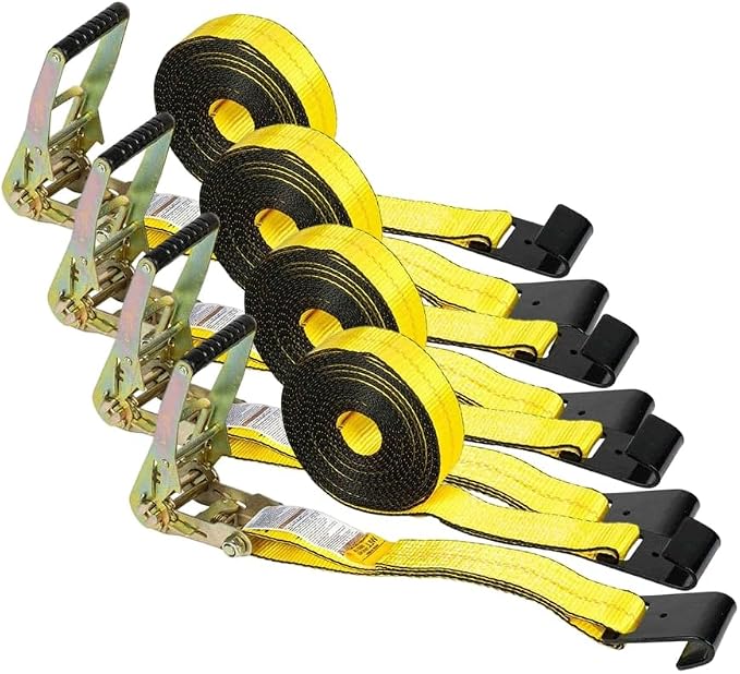 Mytee Products (4 Pack) 2 inch x 27' Heavy Duty Tie-Down Ratchet Straps w/Flat Hook - 10,000 lbs Breaking Strength - Wide Handle Flat Hook Ratchet Straps for Cargo, Flatbed Trailers, Pickup Trucks