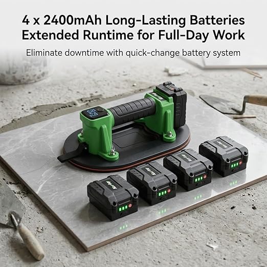 Heavy Duty Suction Cups for Glass Lifting, 600LBS Battery Powered Suction Tool with Digital Display, 4x2400mAh Batteries, Electric Lifter for Granite, Tile, Metal, Large Glass