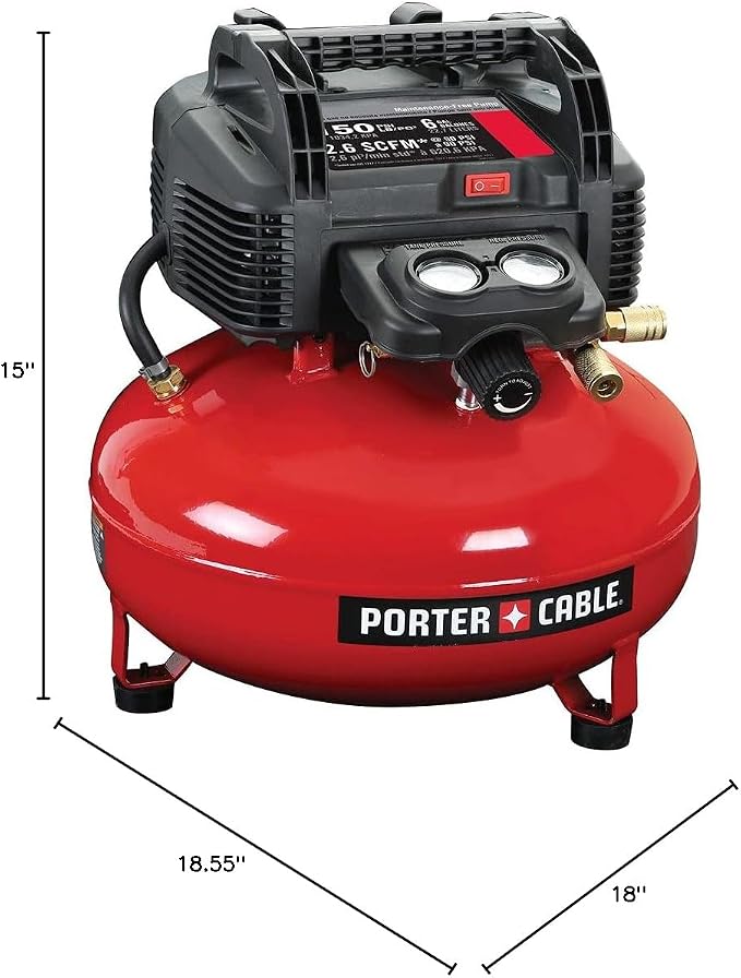 PORTER-CABLE Portable Pancake Air Compressor, 6 Gallon, 150 Max PSI | Oil-Free Maintenance-Free Pump, Wood Working, Roofing, Home, Jobsite, 2.6 CFM @ 90 PSI