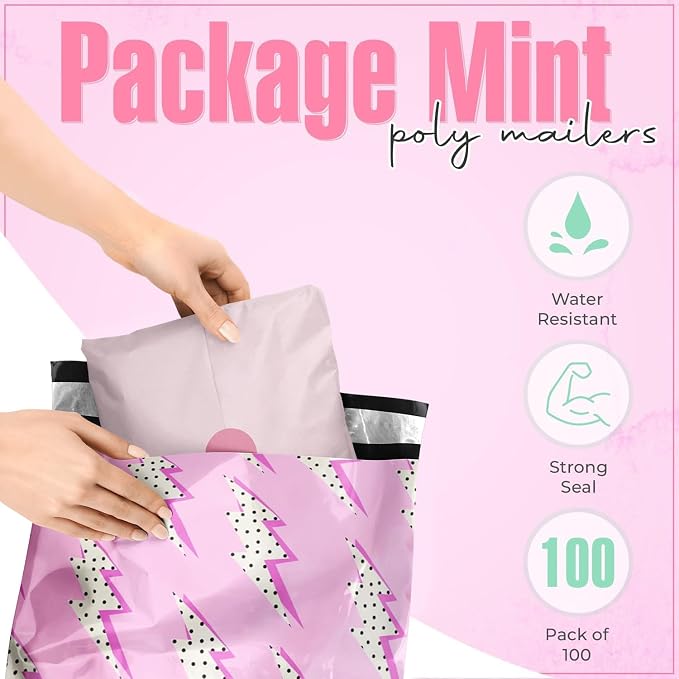 Package Mint 12x15 Poly Mailers -100 Pack Lightning Bolt Design Poly Mailer Shipping Bags - Waterproof, Tear-Resistant, Self-Sealing Adhesive - Durable Decorative Mailing Bags for Clothes, Accessories