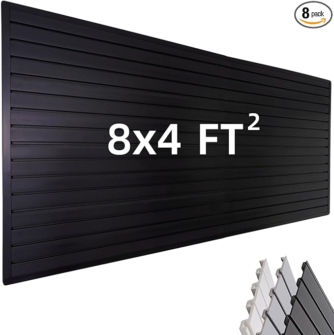 FRAYSCENT Slat Wall Paneling Garage Wall Organizer, Slatwall Panels Garage Tool Organizer Wall Mount Garage Slat Wall Storage Systems, Slat Board PVC Wall Panels Garage Storage (Black, 8ftx4ft)