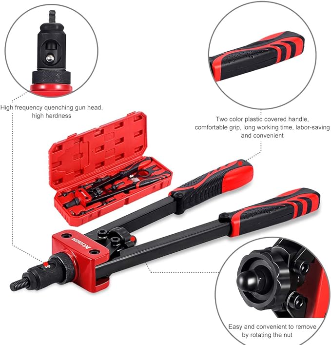 AOBEN 14" Rivet Nut Tool, Professional Hand Rivet Nut Setter Kit Labor-Saving and Compact Design Including 6 Interchangeable Mandrels 90pcs Rivnuts and 2 Mandrel Lock Pins