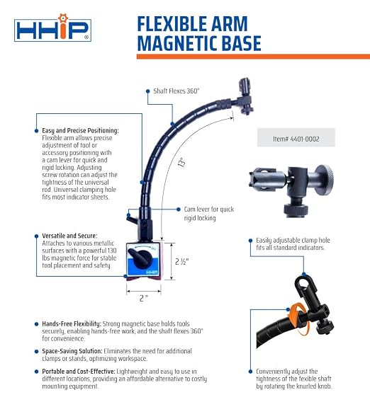 HHIP 4401-0002 Flexible Arm Magnetic Base, 130 lb. Power Pull
