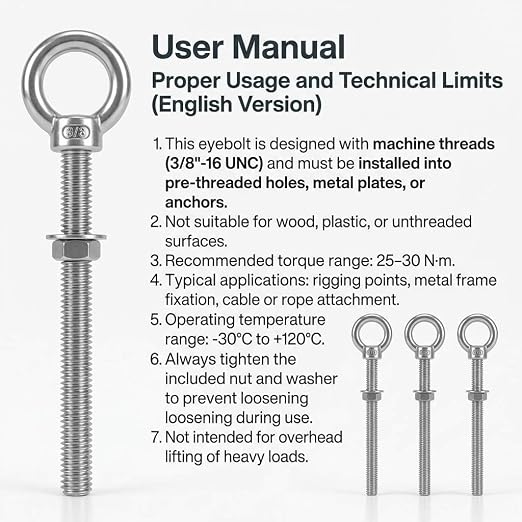 QWORK 3/8"x6" Stainless Steel Shoulder Eye Bolts – 10 Pack Machine Thread Set with Nuts for Metal Frame, Rigging & Cable Mounting