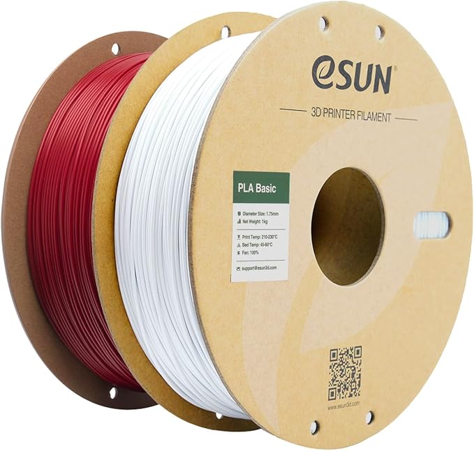 eSUN PLA Basic Filament 1.75mm, 3D Printer Filament High Speed PLA for Fast Printing, 1KG Spool, 2 Spools 3D Printer Filament, Fire Engine Red + Cold White