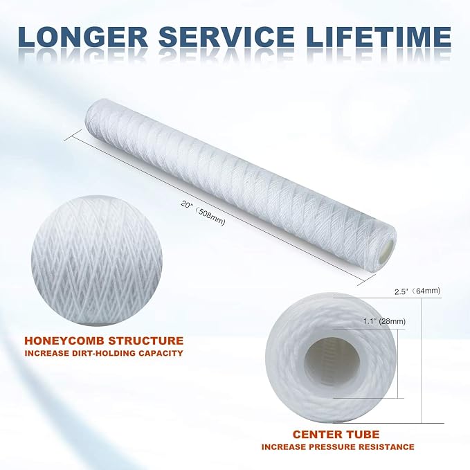 Membrane Solutions 20 Micron 2.5" OD x 20" Length String Wound Sediment Polypropylene Replacement Water Filter Cartridge - 6 Pack