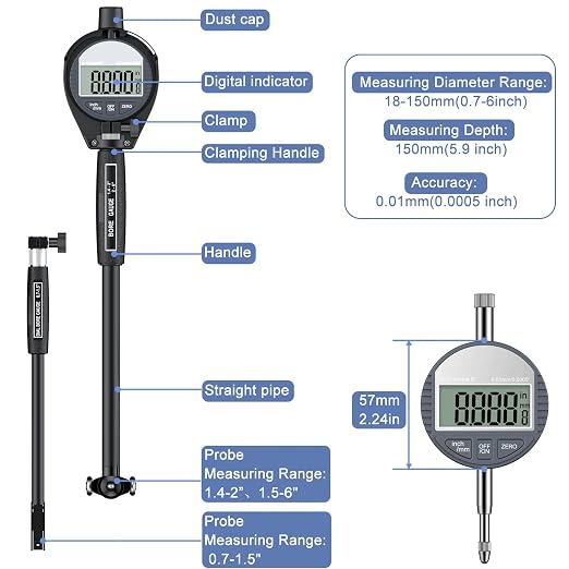 HDLNKAK Digital Dial Indicator Bore Gauge Set,LCD Digital Dial Indicator,6" Depth 0.7"-6"/0.0005" Measuring Range,Wide Selection of Anvils(23PCS), Applications in Engines Cylinder Measurement (Black)