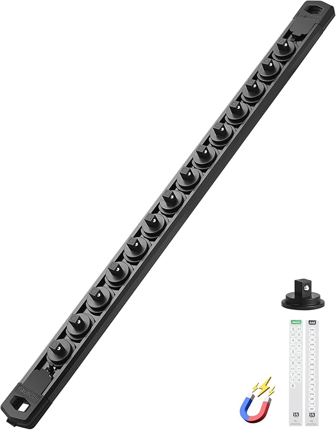 ALOANES Magnetic Socket Organizer Set, 1/4-Inch Drive Heavy Duty Aluminum Socket Rail Organizer, 360° Swivel Clips Socket Holder Kit for Toolbox Drawer Fit 1/4-Inch x 14 Clips (Black, 1PC)