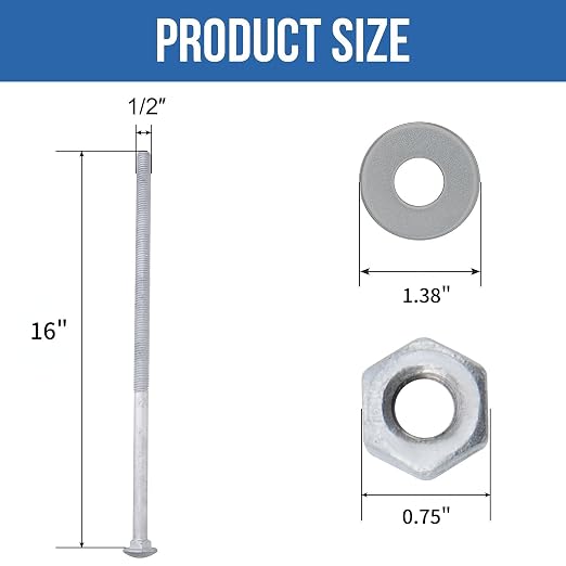 1/2" x 16" Carriage Bolts (20 PCS), Hot Dip Galvanized, Heavy Duty Round Head with Washers and Nuts